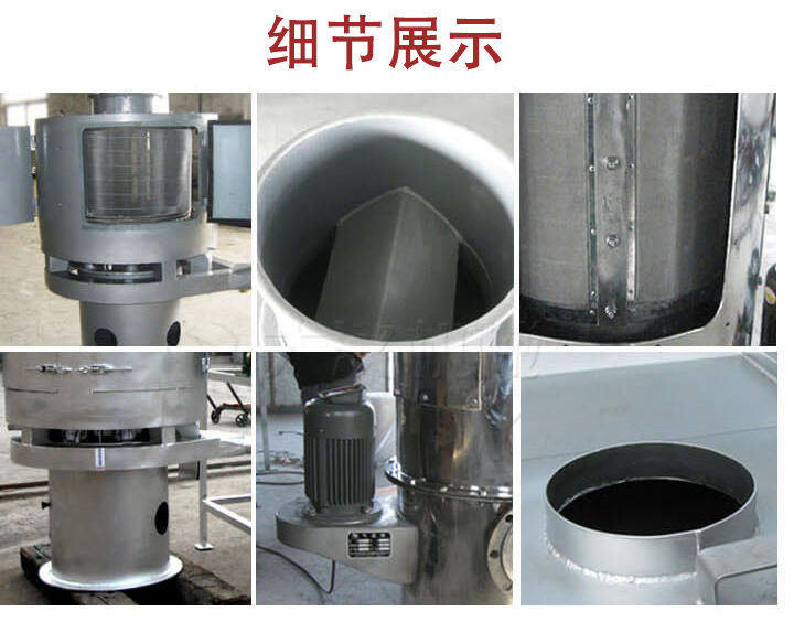 氣流篩主要結構展示：篩網，底座，電機，進料口展示。