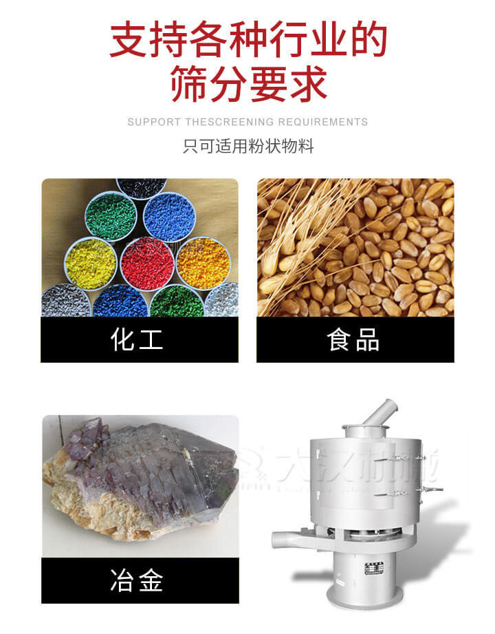氣流篩用于礦粉，石墨粉，活性納米碳酸鈣，鋁灰，大豆粉，碳酸重鈣，石墨粉，木粉，干草，重金石粉，藥粉末，橡膠顆粒，草酸鹽，干料粉，木粉，聚酯粉，干粉，塑料，金屬粉末，橡膠粉，粉煤灰，石墨粉，陶瓷粉，鋅粉，石英粉，石灰粉，鐵粉，金屬硅粉等。