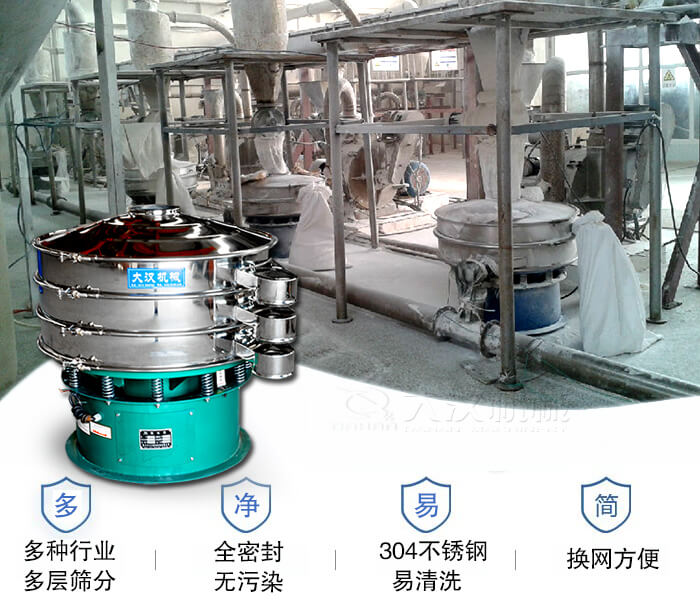 多種行業多層篩分采用全密封結構，無污染。304不銹鋼材質易清洗。同時換網方便。