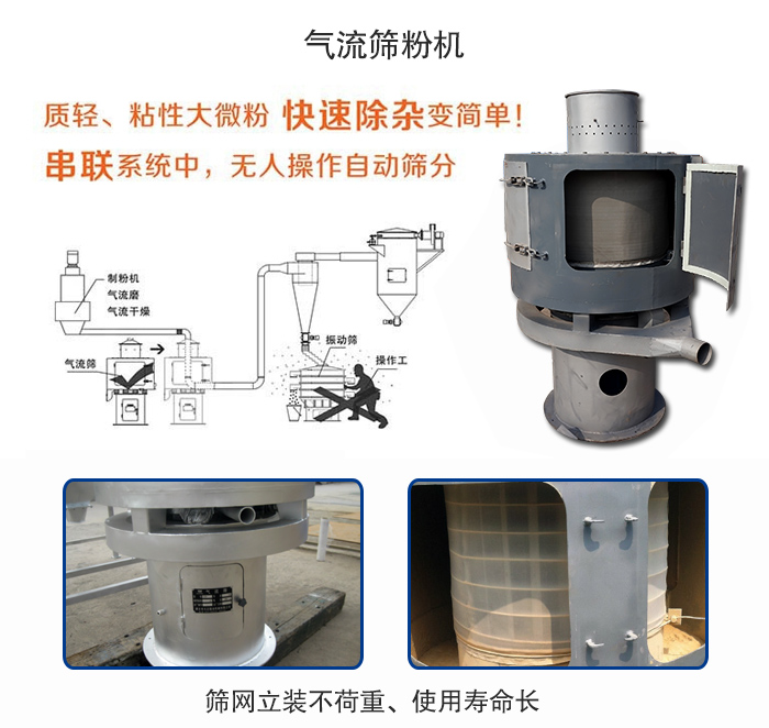 氣流篩粉機適用：質輕，粘性大微粉采用串聯系統重，無人操作自動篩分 特點：篩網立裝不負重，使用壽命長。